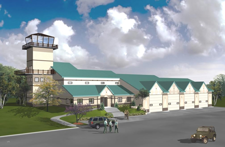 This is an artist's rendering of a 12,200 SF facility which offers administrative offices, an observation tower, training classrooms, and vehicle service bays adjacent to an artillery range near Grayling, MI.