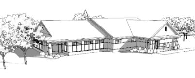 3D B&W perspective rendering of Camp Grayling Training Center Dining Hall's front elevation, shows window layout and covered main entry