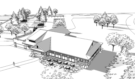 3D B&W perspective rendering of dining hall for Camp Grayling Training Center from an aerial view shows building footprint and roof angles