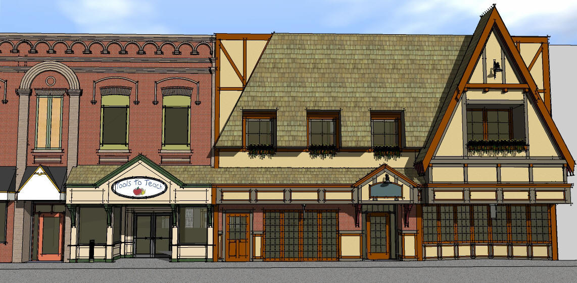 color rendering of proposed facade improvements along Main Street in downtown Gaylord, for the Gaylord DDA Facade Improvement Program - buildings shown are Tools to Teach retail store and Diana's Restaurant (link to another project in the facade program)