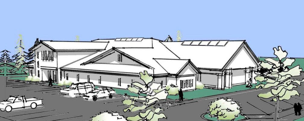 3D rendering of Otsego County Library conceptual design - building in black and white with background in color - link to project page